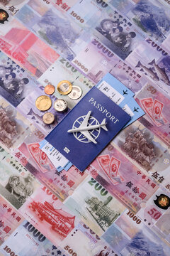 Taiwan, Taiwanese passport or id document with tickets for flight, travel. Taiwanese passport