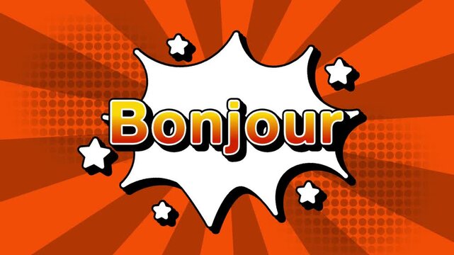 Bonjour text word lettering popup comic cartoon reveal with bomb and smoke explosion manga anime book page dots with radial speed lines doodle orange background with seamless loop animation retro