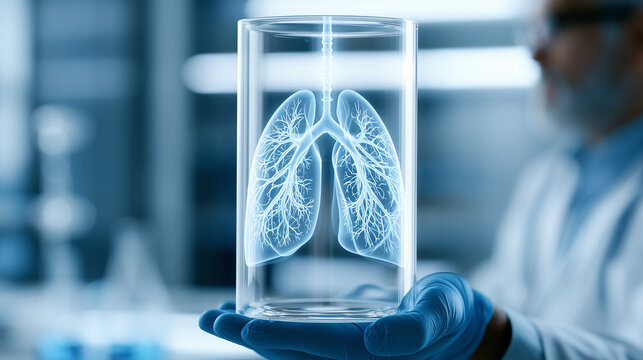 Gloved hand holding a transparent container displaying a glowing hologram representation of human lungs for futuristic pulmonology research.