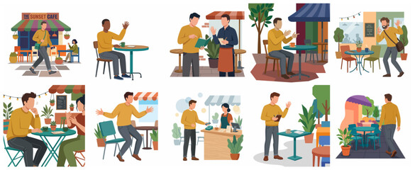 Fototapeta premium Flat vector illustration set of people at an outdoor cafe enjoying coffee, social gatherings, ordering food, and paying with a smartphone in a modern urban street setting.