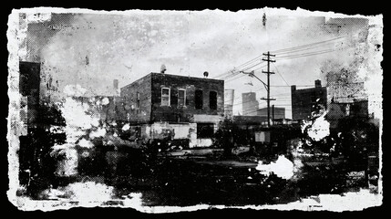Obraz premium An old urban city street scene with weathered buildings and power lines presented in a distressed black and white vintage film style with rough edges