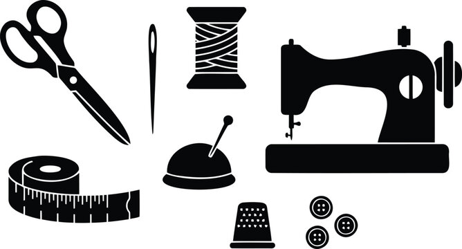 Black sewing tools and tailoring equipment icons set