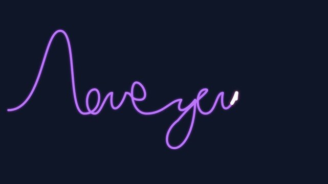 Heartfelt neon purple glowing animation of the words love you in elegant cursive on a black background
