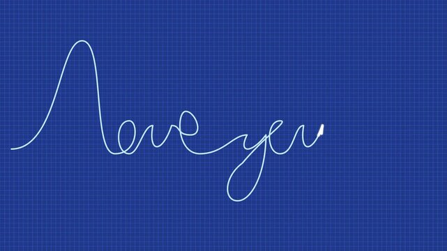 Neon Glowing Cursive Text Writing Love You on Blue Mathematical Grid Background Minimalist Motion Graphic Design