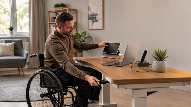 Wheelchair user adjusting a home office arranging tablet and laptop