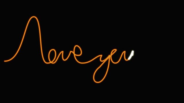 Glowing Neon Orange Love You Handwritten Script Animation Isolated on Black Background Romantic Light Trail Video