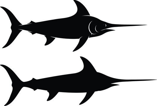 Black silhouette icons of swordfish swimming