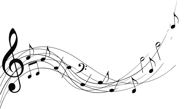 Notas musicales y clave de sol fluyendo sobre un pentagrama ondulado