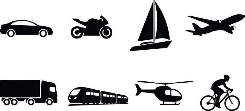 Set of various transport vehicle icons and silhouettes