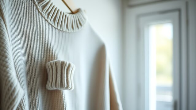 A severely shrunken woolen sweater hanging on a hanger with detailed fiber texture.