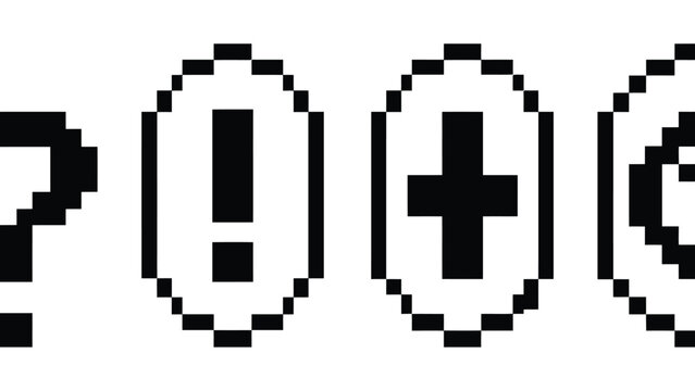 Estilo pixelado con signos de interrogaci&oacute;n, exclamaci&oacute;n, m&aacute;s y copyright
