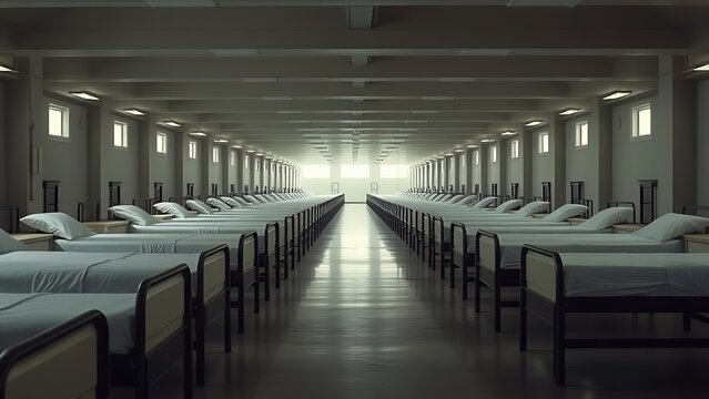 A row of identical military beds in a vast, empty barracks, long perspective.