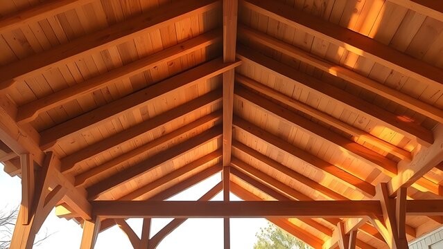 Unfinished wooden roof with exposed parallel beams casting neat shadows in warm sunlight.
