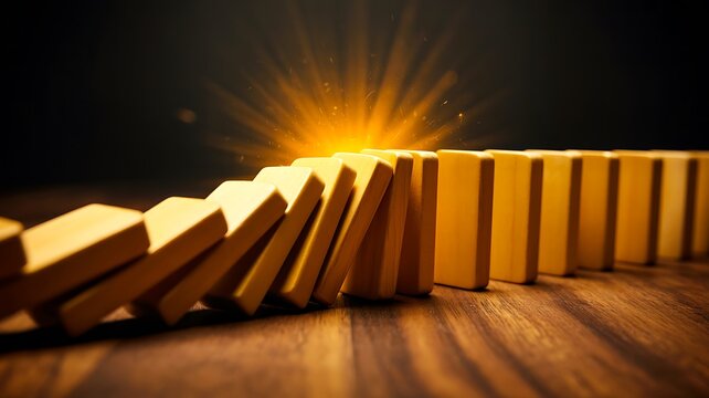 Domino effect concept with falling blocks representing chain reaction risk and business impact