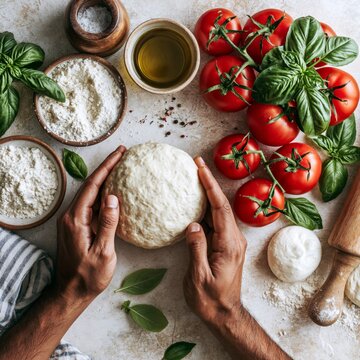 Hands arranging pizza ingredients including dough, tomatoes, mozzarella, basil, olive oil and flour on a light kitchen surface, top view flat lay.