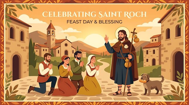 Warm light, a dog companion, and a little greeting text in a Saint Roch blessing scene
