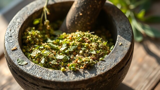 Medicinal herbs being crushed in a stone mortar with natural daylight, herbal textures.