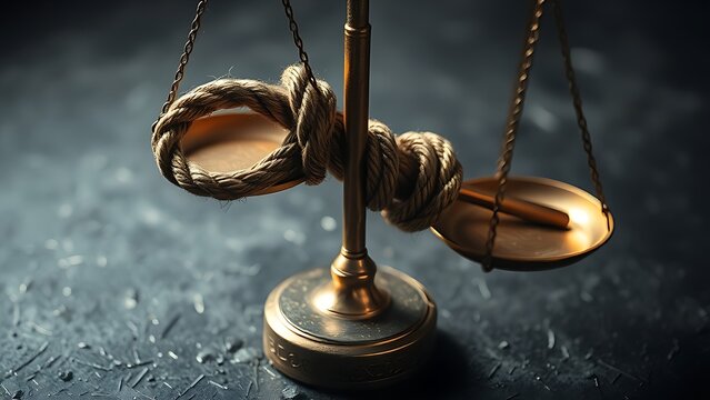Broken noose resting on one side of a justice scale, symbolic composition with dramatic lighting.