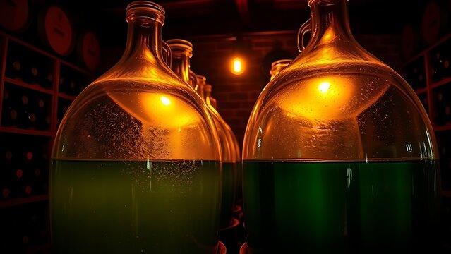 Large glass carboys in a wine cellar, amber glow from dim lighting, atmospheric.