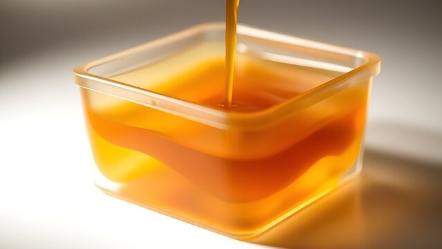 Liquid amber resin gradually solidifying inside a transparent mold.