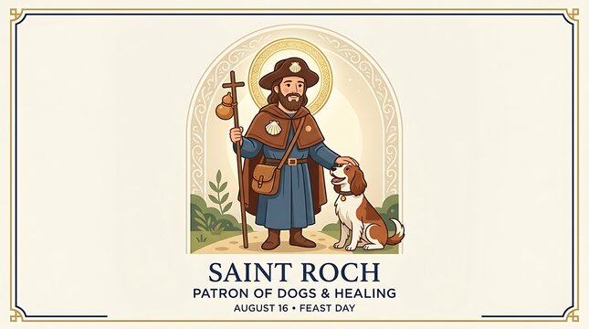 Simple greeting wording, a flat vector banner, and a halo photo of Saint Roch with a dog companion