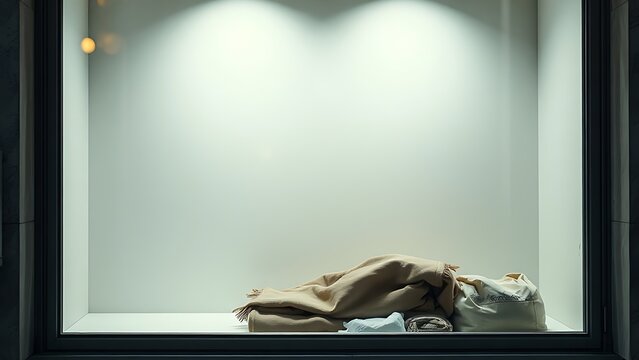 An empty shop window with a folded blanket and basic supplies inside.