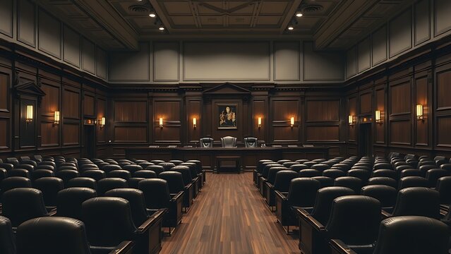 An empty formal council chamber with leather chairs and wooden table.