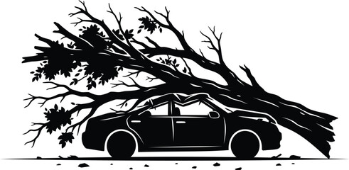 Obraz premium Black silhouette of a car crushed by a fallen tree