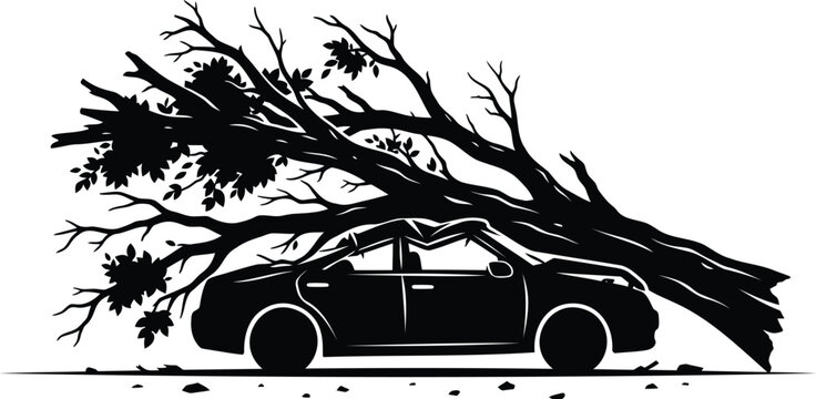 Black silhouette of a car crushed by a fallen tree