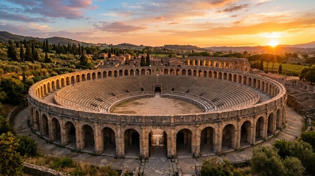 Ancient Roman Amphitheater at Golden Hour Sunset.