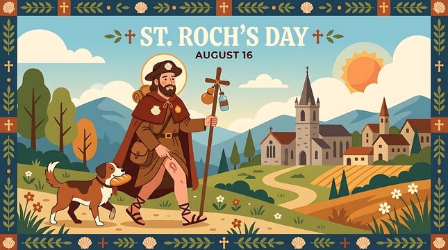 Saint Roch holding a walking staff with a dog beside him, minimal St. Roch&rsquo;s Day text