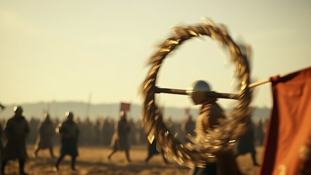 A medieval flail in motion, creating a blurred circular arc.