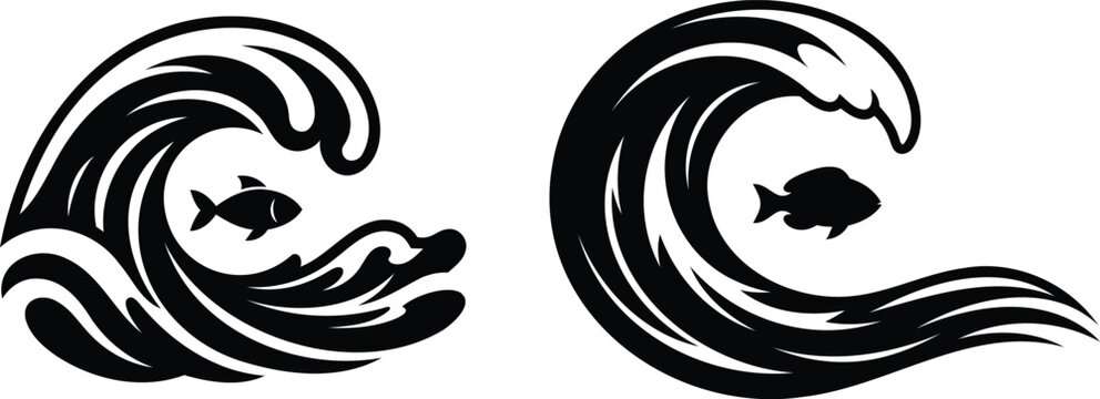 Black and white ocean wave icons with fish silhouettes
