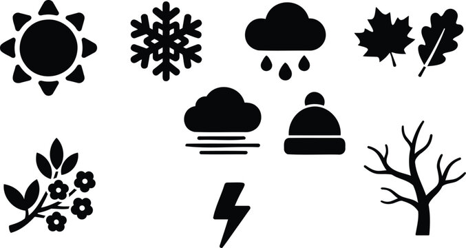 Set of seasonal weather icons and nature symbols in black