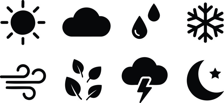 Set of black weather icons representing different conditions