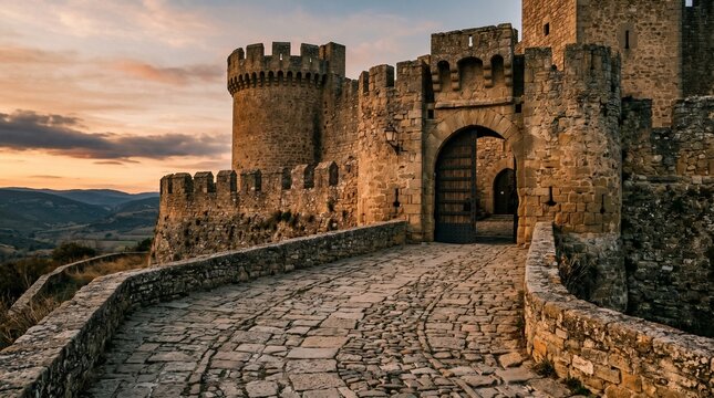 Ancient Stone Castle Gateway at Sunset with Cobblestone Path.