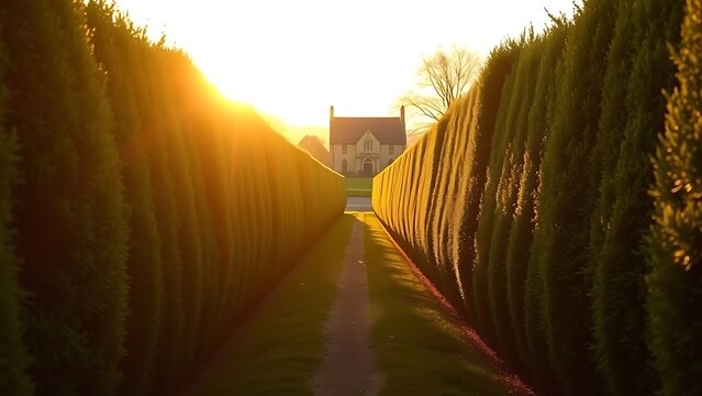 Trimmed yew hedge path leading to distant church in golden hour light.