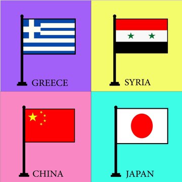 Four Country Flags: A vibrant graphic collage featuring the flags of Greece, Syria, China, and Japan, displayed against a colorful, modern background.