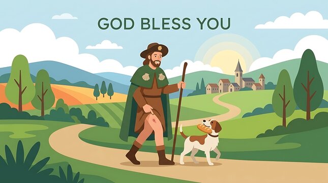 Simple greeting text, flat vector artwork of Saint Roch strolling through a rural setting with a dog
