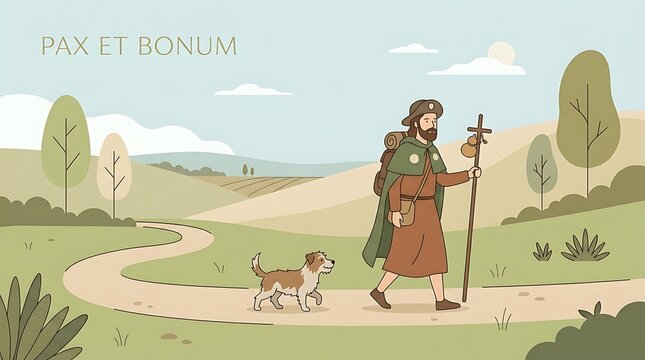 A flat vector artwork of Saint Roch strolling in a rural setting with a dog and a little greeting text