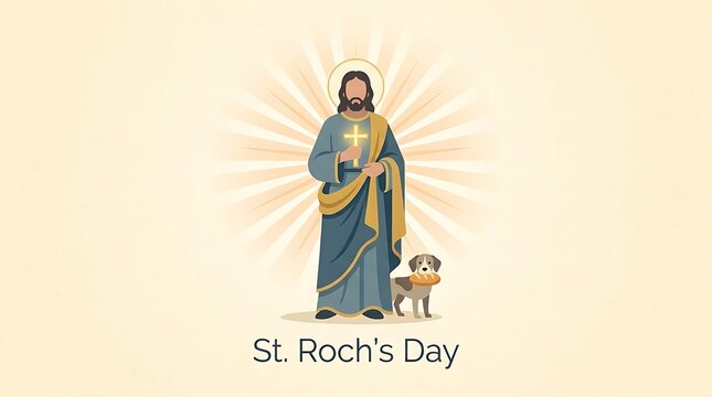 Saint Roch with a golden cross and gentle light rays, simple lettering for St. Roch's Day, and a high-quality flat vector design