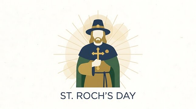 Saint Roch with a golden cross and soft rays of light, minimal St. Roch&rsquo;s Day text, premium flat vector design