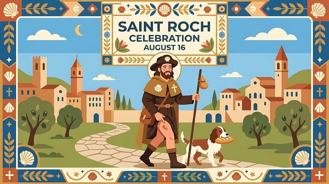 Saint Roch with traditional pilgrim clothing, minimal text, clean flat vector celebration banner