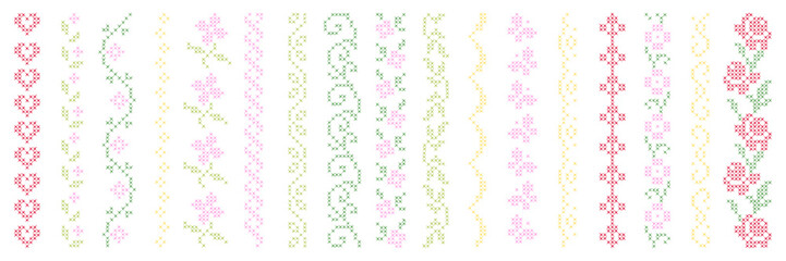 Obraz premium Set of hand drawn cross stitch border. Ethnic folk design for creative projects, card and scrapbooking. Vector isolated elements collection.