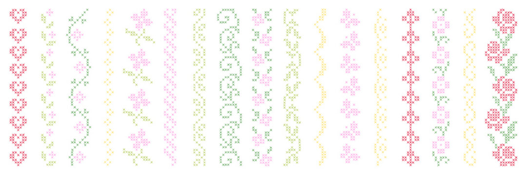 Set of hand drawn cross stitch border. Ethnic folk design for creative projects, card and scrapbooking. Vector isolated elements collection.