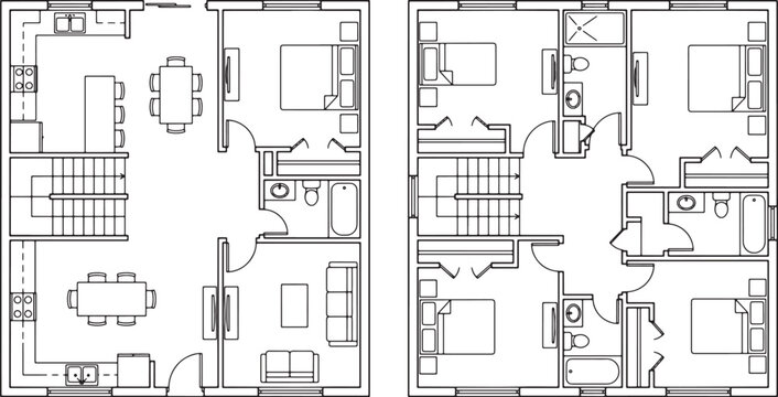 Two story residential house floor plan layout with kitchen living area and multiple bedrooms vector illustration