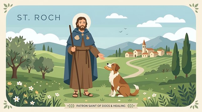 Minimal lettering, a calm flat vector banner, with St. Roch standing with a dog and a lovely landscape