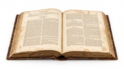 Fototapeta premium Open vintage leather law book isolated on a pure white background. Classic legal education object featuring realistic aged pages and premium craftsmanship for justice and legal concepts.