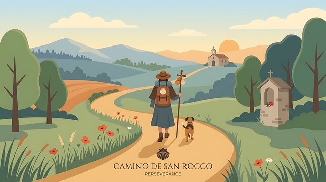 minimal language, serene flat vector artwork, and a walking route with pilgrim staff and Saint Roch iconography