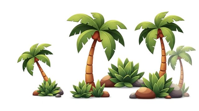 Set of 2D cartoon palm trees and tropical plants isolated on white
